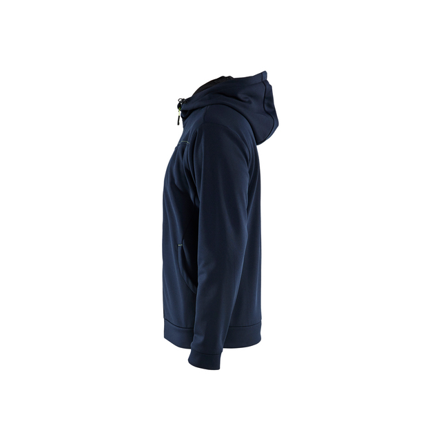 Mörkblå hoodie sedd från sidan, med dragkedja och dragsko i huvan.