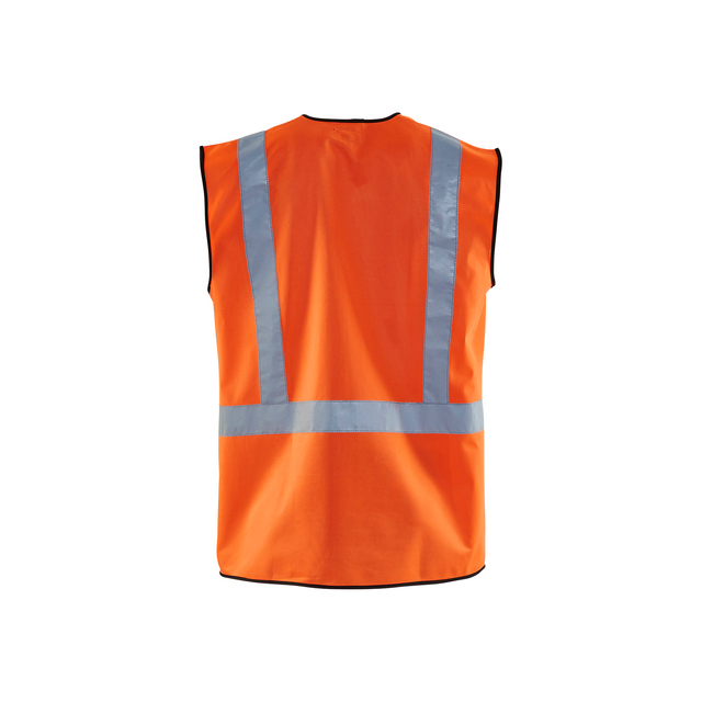Orange reflexväst med två vertikala och ett horisontellt reflekterande band på baksidan.