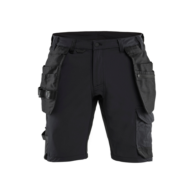 Svarta arbetsshorts med flera fickor och förstärkta partier, sedda framifrån.