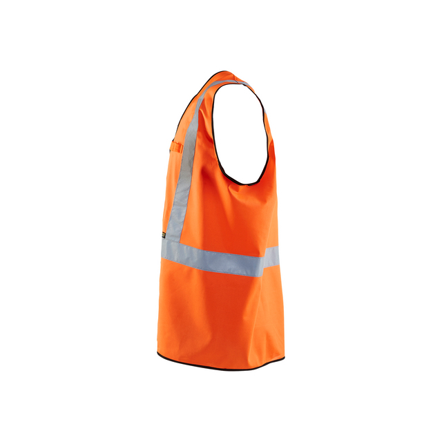 Orange reflexväst med silverfärgad reflektorband över bröstet och längs sidan.
