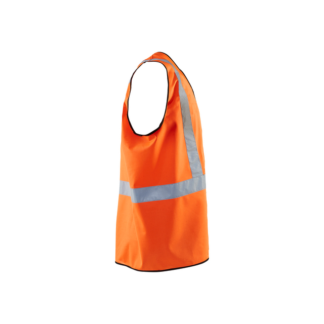 Orange reflexväst med breda silvriga reflexband runt midjan och över axlarna.