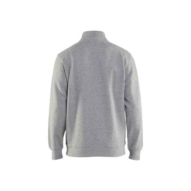 Grå sweatshirt med ståkrage, sedd bakifrån.