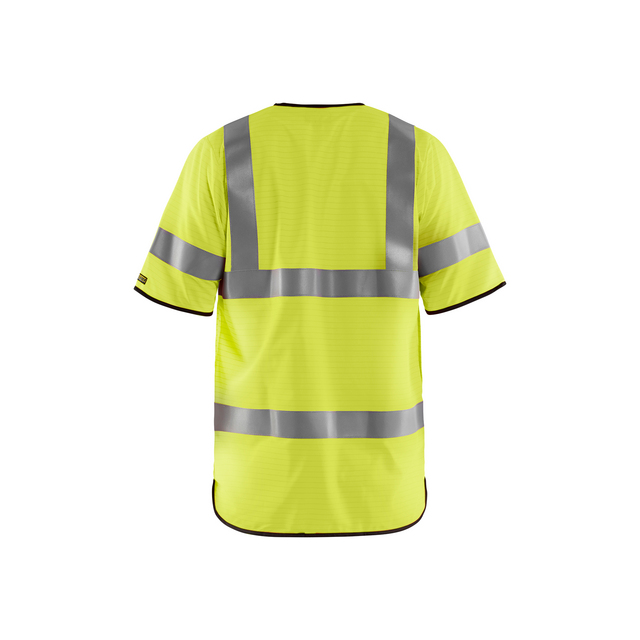 Gul T-shirt med reflexband i kors och horisontellt mönster på baksidan.
