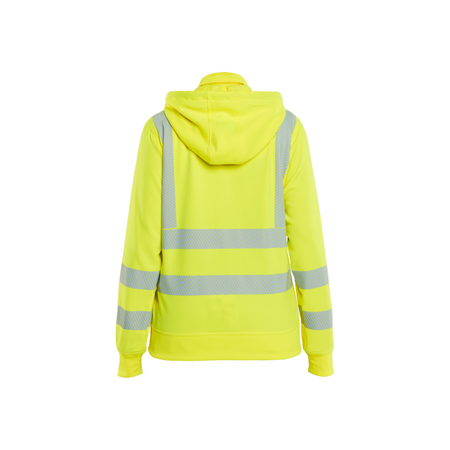 Gul hoodie med reflexband runt midjan, nederst på ärmarna, och längs ryggen.