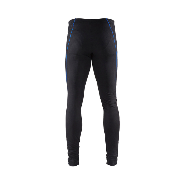 Svarta tights med blå sömmar längs sidorna, sett bakifrån.