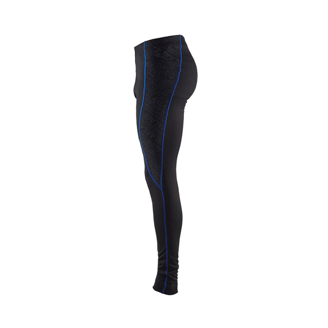 Svarta leggings med blå sömmar, sedd från sidan.