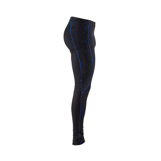 Svarta och blåa tights med mönstrade paneler längs sidan, sett från sidan.
