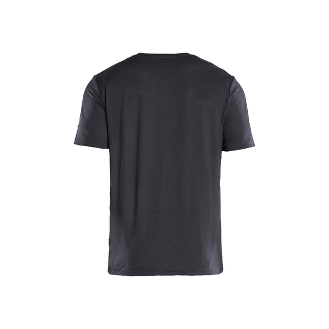 Svart kortärmad t-shirt sedd bakifrån, placerad mot en vit bakgrund.