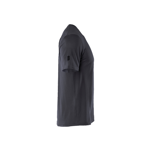 Mörkgrå t-shirt sedd från sidan, med en liten bokstav B på ärmen.