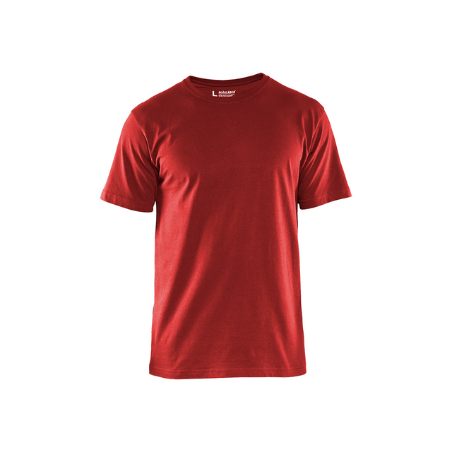 Röd T-shirt med kort ärm och rund hals. Storleksmärkning L synlig på insidan av kragen.