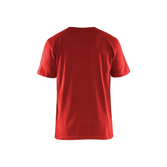 Röd t-shirt, kortärmad, sedd bakifrån.