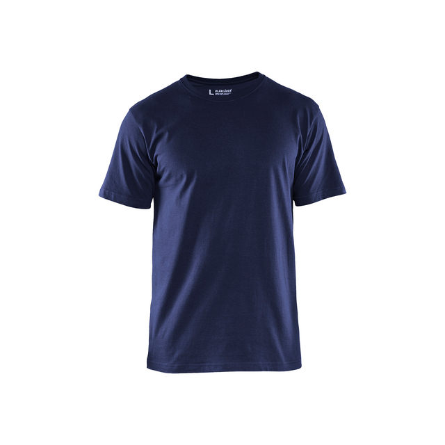 Marinblå t-shirt i enkel design på vit bakgrund.