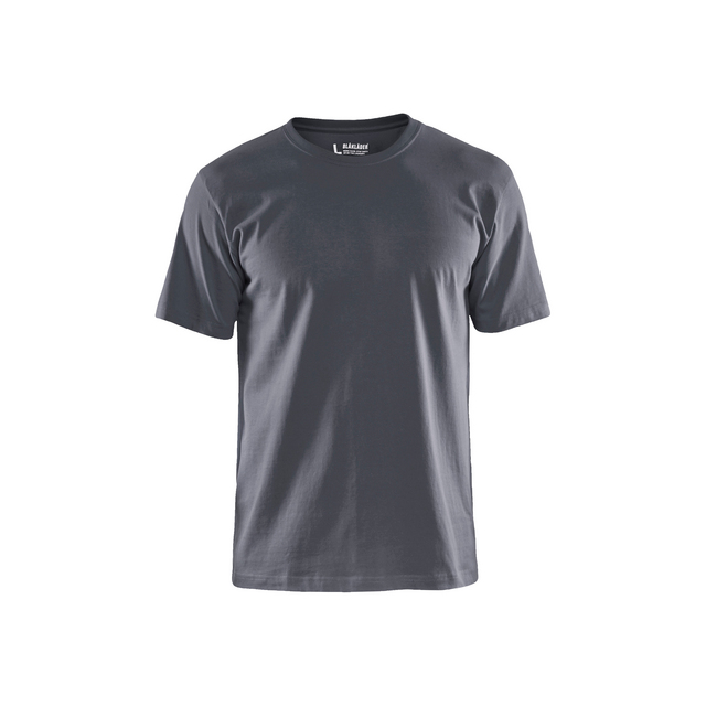 Grå t-shirt med korta ärmar och rund hals, sedd framifrån.