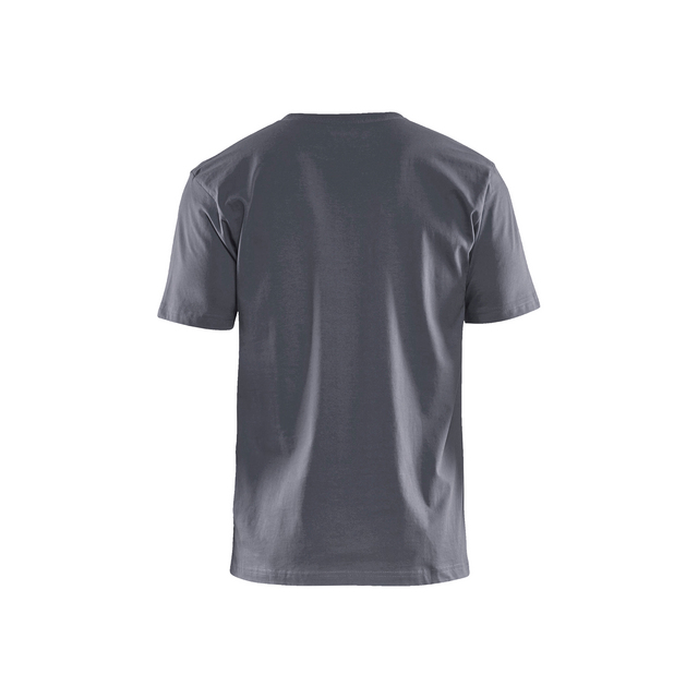 Grå t-shirt, baksidan syns, enkla sömmar vid ärmar och nacke.