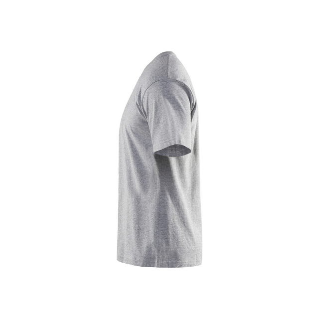 Grå T-shirt sedd från sidan mot en vit bakgrund.
