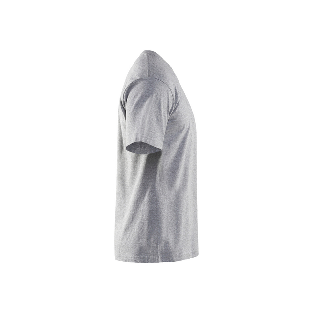 Grå t-shirt sedd från sidan, kortärmad och med rund hals.