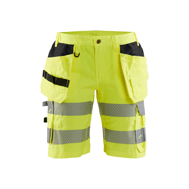 Gula varselshorts med svarta detaljer och reflexband, flera fickor och hällor.