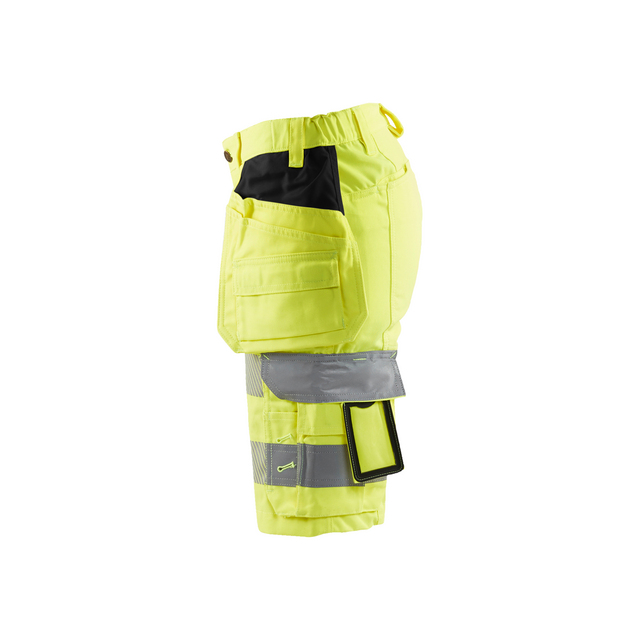 Gula arbetsshorts med reflexband och verktygsfickor.