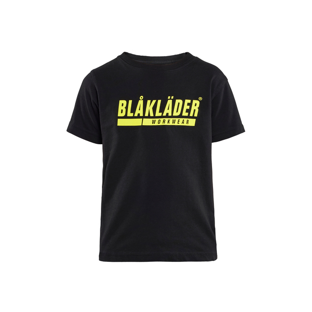 Svart t-shirt med gul text BLÅKLÄDER WORKWEAR på bröstet.