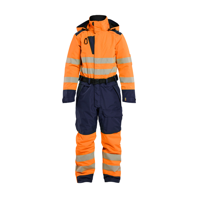 Orange och marinblå vinteroverall med reflexband på ärmar, ben och bröst. Overallen har hög krage och avtagbar huva.