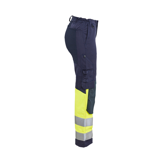 Arbetsbyxor med reflexband och neonfärgade ben, sidofickor och elastisk midja.