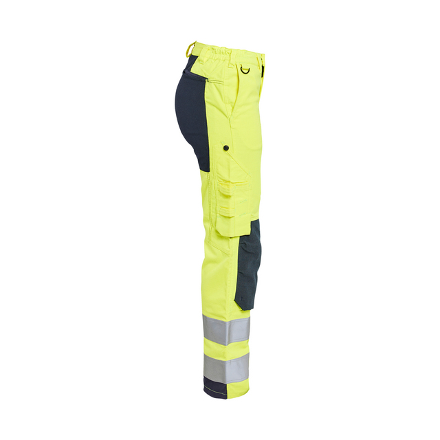 Gula arbetsbyxor med reflexband och svarta knäskyddsfickor, sedda från sidan.