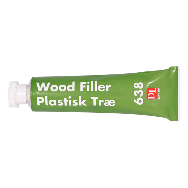 Grön tub med texten Wood Filler Plastisk Træ 638 DL.