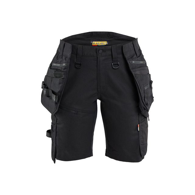Svarta hantverksshorts med flera fickor och verktygshällor.