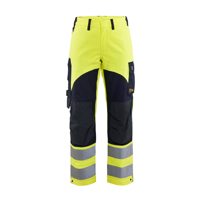 Gul och marinblå byxa med reflexband och flera fickor, designad för synlighet och praktisk användning.