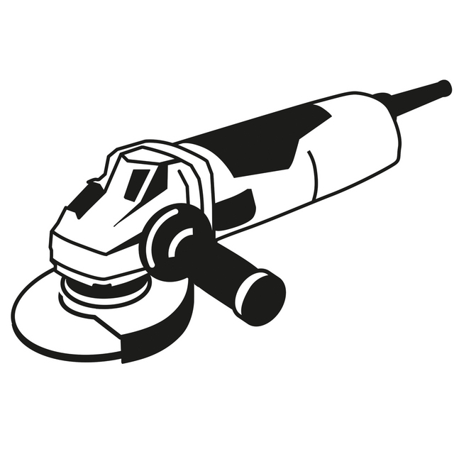 Illustration av en vinkelslip med handtag och skiva, i svartvit stil.