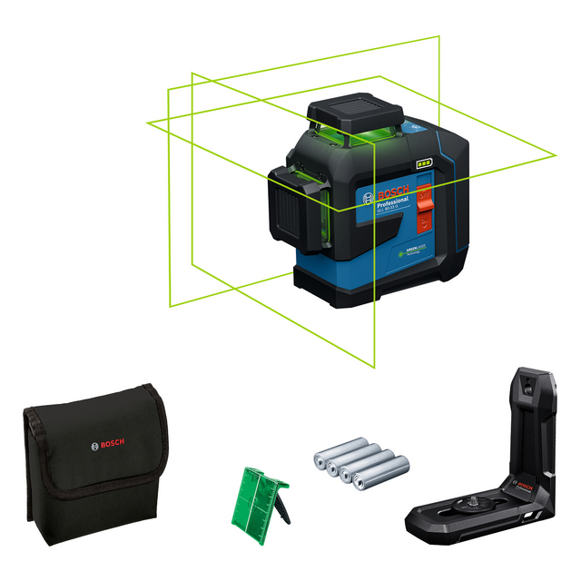Bosch GLL3-330CG laser nivå med tillbehör som väska, batterier och väggfäste.