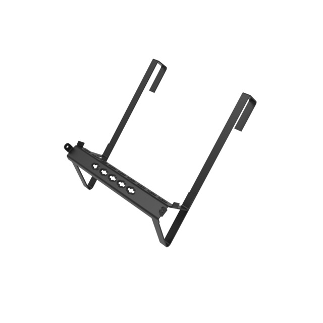 Svart metallstruktur med fyra monteringspunkter, vinklade sidostöd och stag.