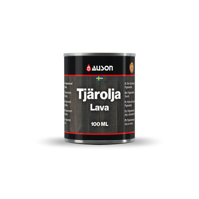 Burk med Tjärolja Lava från Auson, 100 ml, med svart etikett och text på flera språk.