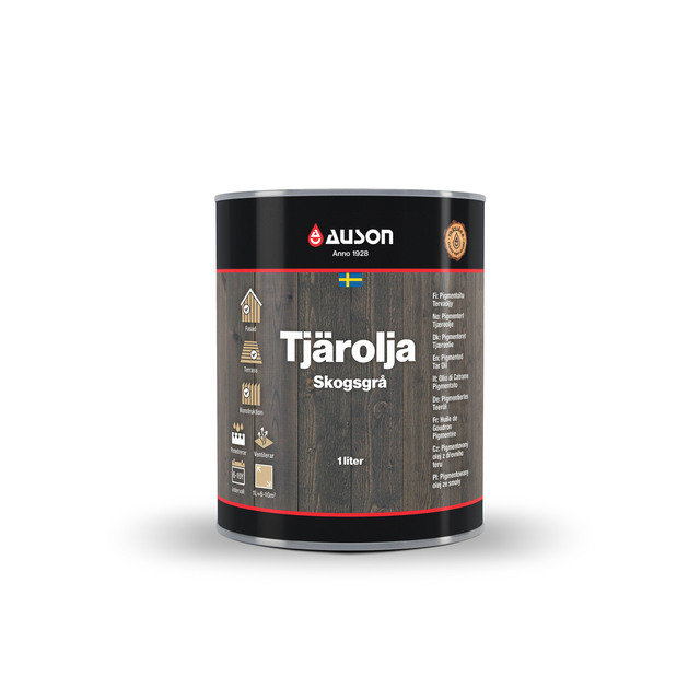 Tjärtub med etiketttext Auson Tjärolja Skogsgrå 1 liter och symboler för träskydd.