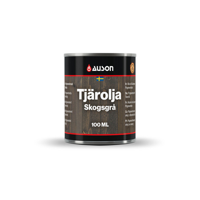 Auson burk med texten Tjärolja Skogsgrå 100 ml och ett svensk flagga.
