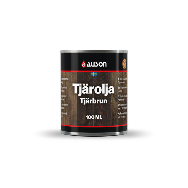 Auson tjärolja burk, tjärbrun färg, 100 ml. Texter på svenska och engelska visas på etiketten.