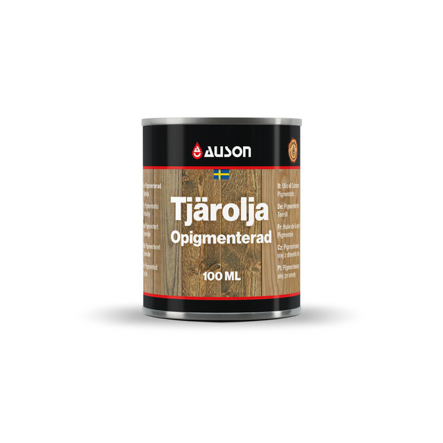 Förpackning med tjärolja av märket Auson, opigmenterad, 100 ml, med trästruktur på etiketten.