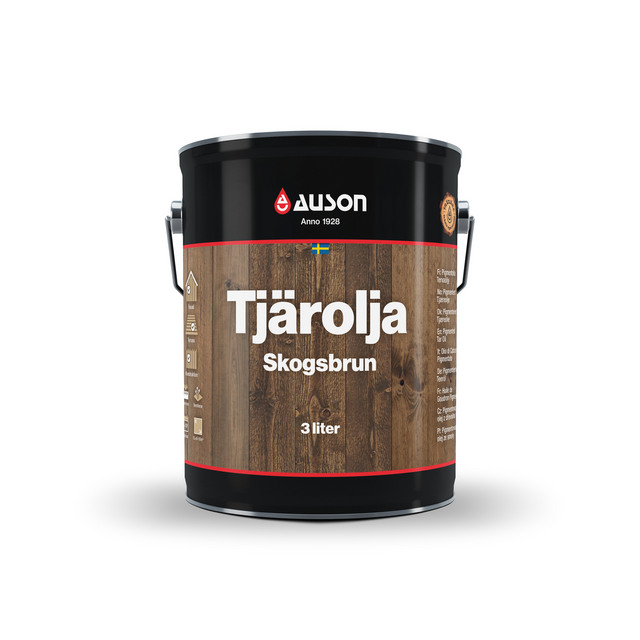 Tjärburk med texten Auson Tjärolja Skogsbrun 3 liter.
