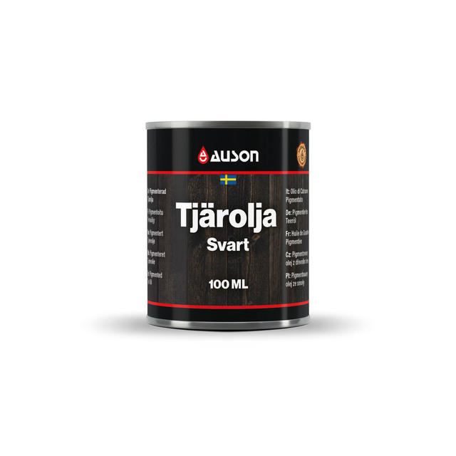 Tjäroljeburk från Auson med svart etikett och texten Tjärolja Svart 100 ML.