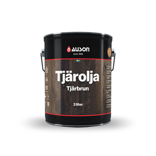 Svart burk med texten Auson Tjärolja Tjärbrun 3 liter och handtag på sidan.