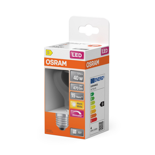 Förpackning av Osram LED-lampa 40W, 470 lm, varmvit, dimbar, energiklass D.