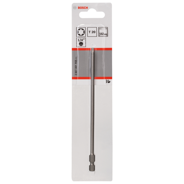 Förpackning med Bosch T20 bits, längd 152 mm, 1/4 fäste.