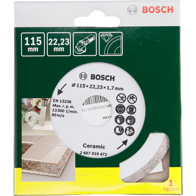 Förpackning av Bosch keramiskt kapskiva, 115 mm i diameter och tjocklek på 1,7 mm, artikelnummer 2 607 019 472.