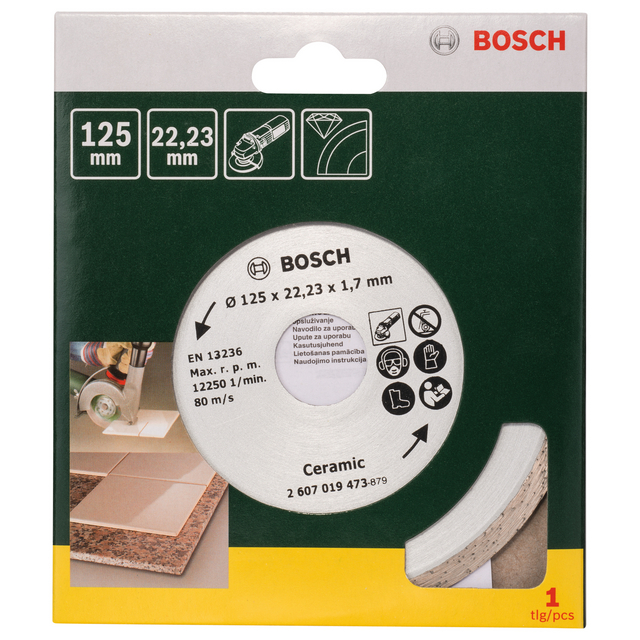 Förpackning med Bosch keramiskt kapskiva, 125 mm diameter, 22,23 mm hål.
