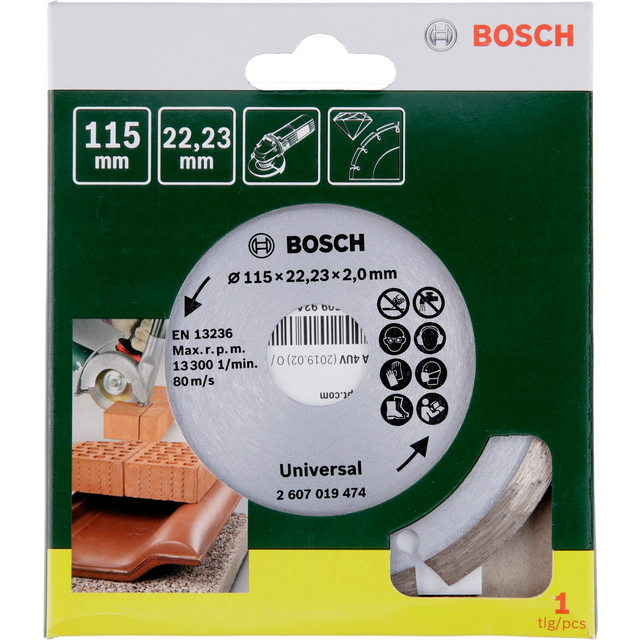Förpackning med Bosch kapskiva, 115 mm diameter, 22,23 mm hål, 2,0 mm tjocklek.