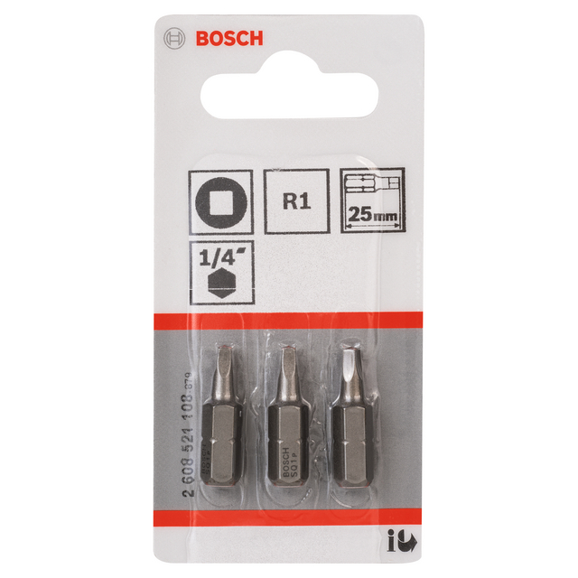 Tre kvadratmejselspetsar från Bosch, modell R1, 25 mm, 1/4 tum. Förpackning med upphängningshål.
