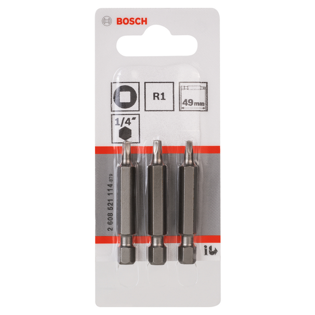 Förpackning med tre Bosch skruvbits 1/4 tum, R1, 49 mm långa, på vit bakgrund.