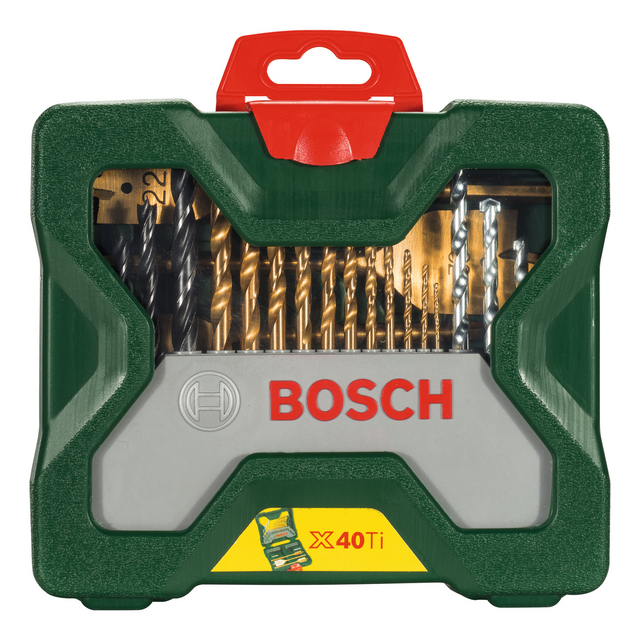 Förpackning med Bosch borrbits av olika storlekar, visas i en grön plastlåda med genomskinligt lock.