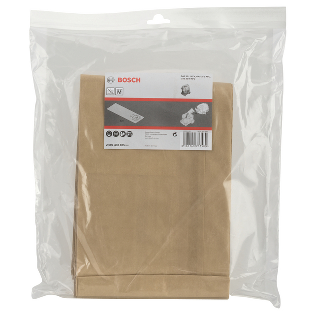 Brun dammsugarpåse i pappersmaterial förpackad i en genomskinlig plastpåse med etikettmärkning Bosch.
