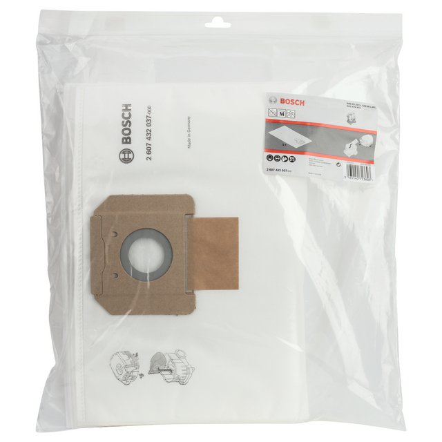 Stoftsäcksfilter i plastpåse med Bosch-logga och produktspecifikationer på etiketten.